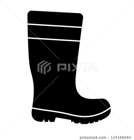 Silhouette of a Rubber Boot Vector Illustration. The boot features a tall shaft with two horizontal decorative bands near the top and a rugged sole with treads. 124166044