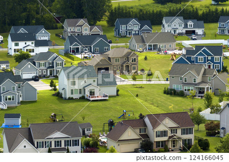 Aerial view of spacious new family houses in upstate New York suburban area. Real estate development in american suburbs 124166045