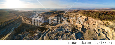 Aerial view of open pit mine of sandstone materials for construction industry with excavators and dump trucks. Heavy equipment in mining and production of useful minerals concept Aerial view of open pit mine of sandstone materials for construction industry with excavators and dump trucks. Heavy equipment in mining and production of useful minerals concept 124166074