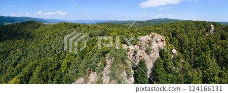 Aerial view of bright landscape with green forest trees and big rocky boulders between dense woods in summer. Beautiful scenery of wild woodland. Aerial view of bright landscape with green forest trees and big rocky boulders between dense woods in summer. Beautiful scenery of wild woodland. 124166131