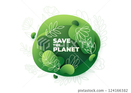 Green background, save the planet vector illustration. Eco ecology abstract banner with gradient fluid wave shapes, flower leaves plant line art. Organic modern design for earth day, spring poster 124166382