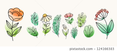 Flower line vector illustration. Botany foliage plants with gradient fluid wave shapes isolated on white background. Simple minimal herb logo for organic, boho flat design 124166383