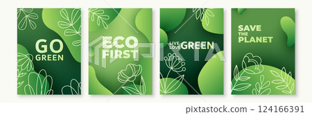 Green background vector illustration. Eco ecology abstract patterns with gradient fluid wave shapes, flower leaves plant line art. Minimal organic modern design for earth day poster, spring template 124166391
