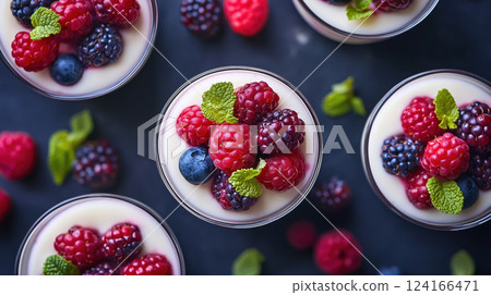 Berry Panna Cotta in Glasses with Mint 124166471