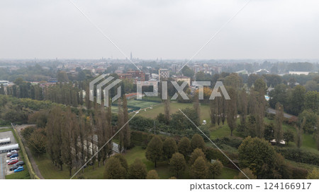 Panoramic view of cremona showing the cityscape and verdant parks Panoramic view of cremona showing the cityscape and verdant parks 124166917