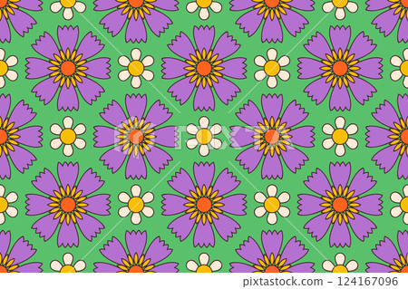 Seamless floral pattern with purple and yellow flowers on green background. Seamless floral pattern with purple and yellow flowers on green background. 124167096