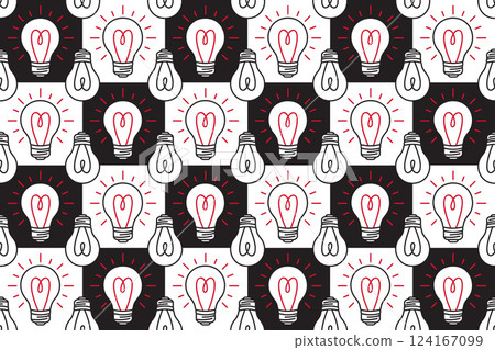 Seamless pattern with light bulbs against a chess background. Simple design hand drawn style 124167099