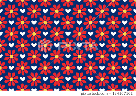 Seamless pattern of red daisies and white hearts on blue background Seamless pattern of red daisies and white hearts on blue background 124167101