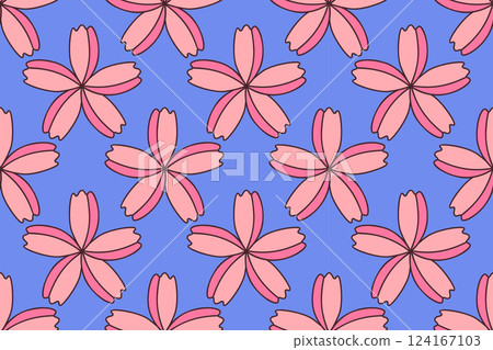 Floral pattern featuring delicate pink sakura flowers on soft blue background. 124167103