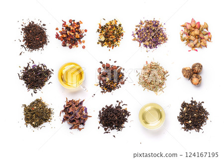 An assortment of various dry tea leaves, showcasing different textures, colors, and blends An assortment of various dry tea leaves, showcasing different textures, colors, and blends 124167195
