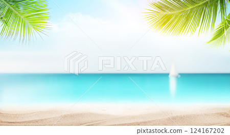 A serene seaside view with palm leaves in the foreground and a sailboat gently gliding on the horizon A serene seaside view with palm leaves in the foreground and a sailboat gently gliding on the horizon 124167202