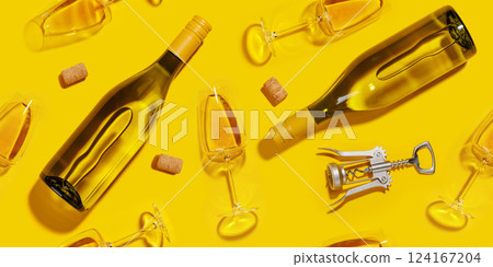 Seamless flat lay background with white wine glasses and bottles Seamless flat lay background with white wine glasses and bottles 124167204