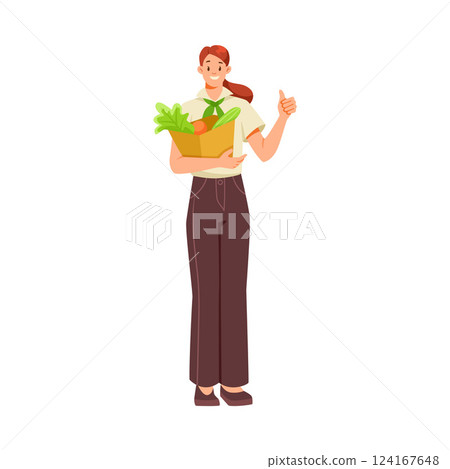 Woman Character Working in Supermarket Stand with Bag Vector Illustration 124167648