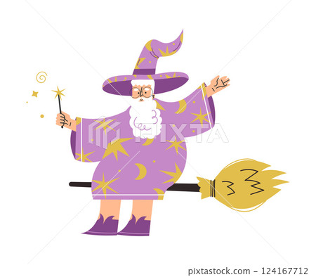 Wizard Man Character in Purple Gown and Hat with Magic Wand on Broom Vector Illustration 124167712