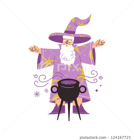 Wizard Man Character in Purple Gown and Hat Cook Potion in Cauldron Vector Illustration Wizard Man Character in Purple Gown and Hat Cook Potion in Cauldron Vector Illustration 124167725