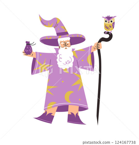 Wizard Man Character in Purple Gown and Hat with Cane and Owl Vector Illustration Wizard Man Character in Purple Gown and Hat with Cane and Owl Vector Illustration 124167738