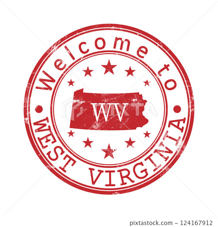 Welcome to West Virginia. A worn stamp with a silhouette of the state and an abbreviated designation. Print impression, a template for creative design 124167912