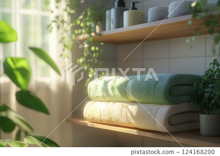 Towels on shelves in bathroom, closeup. Interior design 124168200