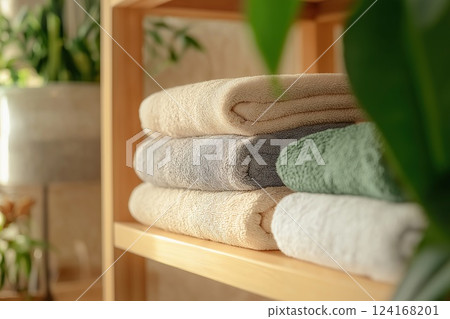 Towels on shelves in bathroom, closeup. Interior design 124168201