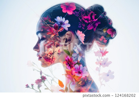 Double exposure portrait of a young woman, silhouette on a background of blooming flowers 124168202