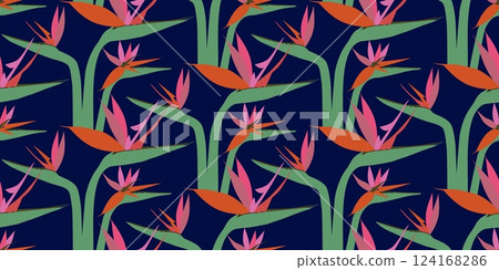 Seamless pattern with Bird of Paradise flowers. Tropical floral dark background with exotic hand-drawn Strelitzia. Elegant vector illustration in flat style for fashion prints, textile, wallpapers 124168286