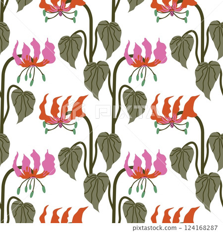 Seamless pattern with exotic Flame Lily. Tropical floral with elegant botanical flowers and leaves. Stylish vector illustration for fashion print, fabric, home decor, wrapping paper 124168287