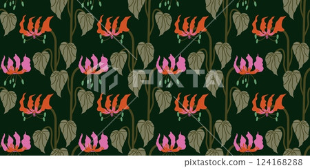 Seamless pattern with exotic Flame Lily on dark background. Tropical floral with elegant botanical flowers and leaves. Stylish vector illustration for fashion print, fabric, home decor, wrapping paper 124168288