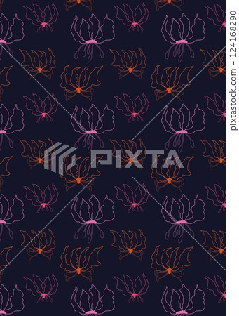 Seamless pattern Exotic Flame Lily. Tropical floral sample with elegant botanical flowers with line art outline on dark background. Vector illustration for fashion print, home decor, wrapping paper 124168290