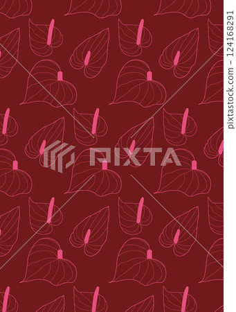 Seamless pattern Exotic Anthurium. Tropical floral sample with elegant botanical flowers with line art outline on dark red background. Vector illustration for fashion print, home decor, wrapping paper Seamless pattern Exotic Anthurium. Tropical floral sample with elegant botanical flowers with line art outline on dark red background. Vector illustration for fashion print, home decor, wrapping paper 124168291