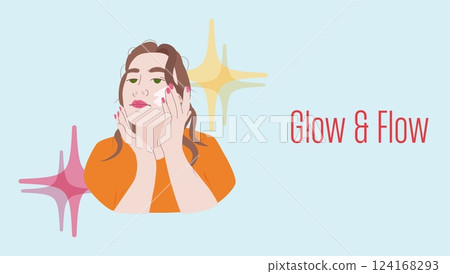 Skincare woman applying face cream. Young female with glowing skin doing beauty routine. Wellness and self-care concept for web banners, postcard. Modern flat vector illustration in minimalistic style 124168293