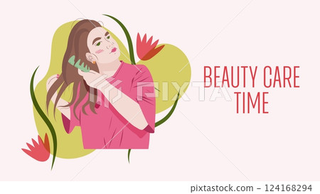 Haircare woman brushing long hair. Young female doing beauty routine and self-care. Healthy lifestyle concept for web banners, postcards. Minimalistic vector illustration in flat modern style Haircare woman brushing long hair. Young female doing beauty routine and self-care. Healthy lifestyle concept for web banners, postcards. Minimalistic vector illustration in flat modern style 124168294