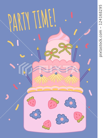 Kawaii party cake card with candles, bows, flowers, strawberries and confetti. Cute celebration template for greeting cards, invitations and festive designs. Vector illustration in modern style Kawaii party cake card with candles, bows, flowers, strawberries and confetti. Cute celebration template for greeting cards, invitations and festive designs. Vector illustration in modern style 124168295