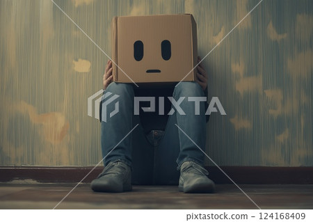A person sitting on the floor with a cardboard box on their head, featuring a simple neutral face, in a dimly lit room 124168409