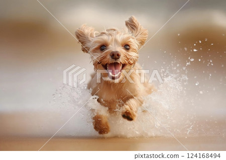 Cute happy dog playing and running outdoors facing the camera 124168494