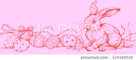 Easter doodle hand drawn coquette poster banner greeting card. Cute bunnies, bows and ribbons, flowers and leaves, basket, eggs. Cottagecore style. Vintage whimsical. Ai generated 124168520