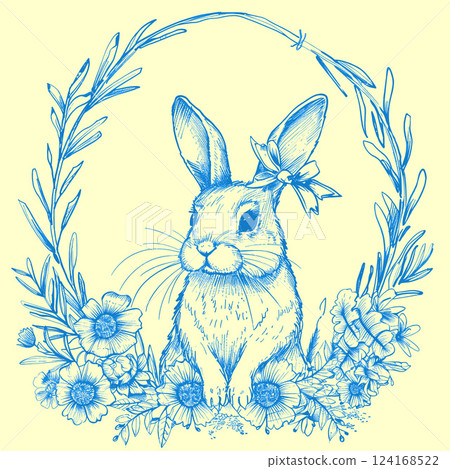 Easter doodle hand drawn coquette poster banner greeting card. Cute bunnies, bows and ribbons, flowers and leaves, basket, eggs. Cottagecore style. Vintage whimsical. Ai generated 124168522