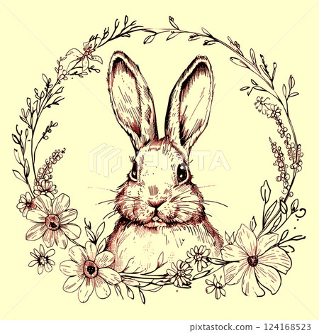 Easter doodle hand drawn coquette poster banner greeting card. Cute bunnies, bows and ribbons, flowers and leaves, basket, eggs. Cottagecore style. Vintage whimsical. Ai generated Easter doodle hand drawn coquette poster banner greeting card. Cute bunnies, bows and ribbons, flowers and leaves, basket, eggs. Cottagecore style. Vintage whimsical. Ai generated 124168523