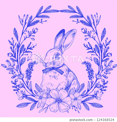 Easter doodle hand drawn coquette poster banner greeting card. Cute bunnies, bows and ribbons, flowers and leaves, basket, eggs. Cottagecore style. Vintage whimsical. Ai generated 124168524