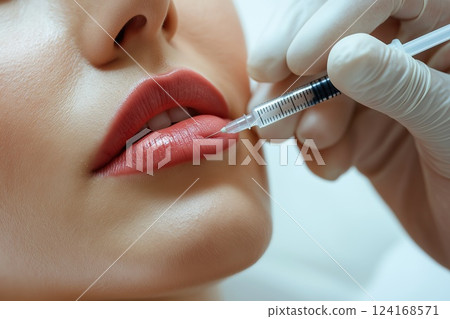 Close-up of female lips being injected with filler injection in clinic 124168571