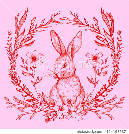Easter doodle hand drawn coquette poster banner greeting card. Cute bunnies, bows and ribbons, flowers and leaves, basket, eggs. Cottagecore style. Vintage whimsical. Ai generated 124168587