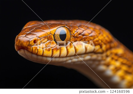 Beautiful yellow snake with big eyes on black background. Studio shot. Beautiful yellow snake with big eyes on black background. Studio shot. 124168596