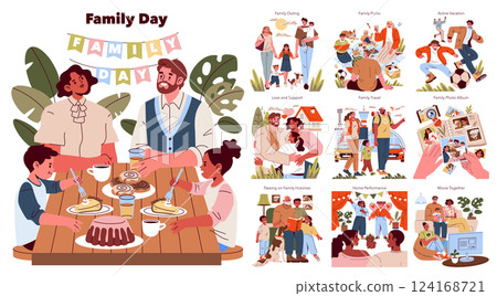 Family Day illustration captures the essence of togetherness, showcasing various activities like picnics, outings, and sharing memories. It's a celebration of love, support, and cherished family 124168721