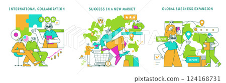 Business Cat illustration. Depicts themes of collaboration and global expansion in markets. Explores successful strategies in international business environments. Vector illustration. 124168731