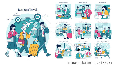 Business travel illustration captures essential moments such as trip preparation, airport check-in, in-flight work, hotel workspace, meetings, and exploring destinations, showcasing a balanced travel 124168733