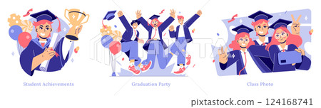 Graduation celebration illustration capturing key moments. It features students expressing joy with awards, partying together, and taking a class photo, marking a significant achievement. Vector Graduation celebration illustration capturing key moments. It features students expressing joy with awards, partying together, and taking a class photo, marking a significant achievement. Vector 124168741