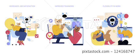 AI assistant transformation in the workplace enhances job satisfaction, teamwork, and flexibility. This illustration highlights these benefits through engaging characters and visual elements. Vector 124168747