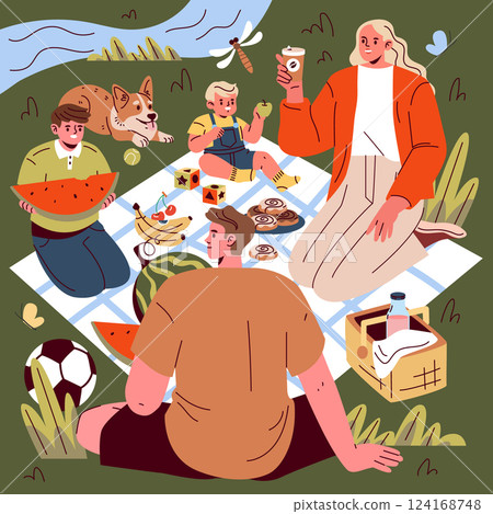 Family Day concept. Joyful family enjoying a picnic in nature with snacks and a playful dog. Bonding moments, outdoor leisure, and shared happiness. Vector illustration. 124168748