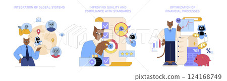 AI enhances global business strategies through system integration, quality improvement, and financial process optimization. This illustration presents AI tools boosting efficiency and compliance 124168749