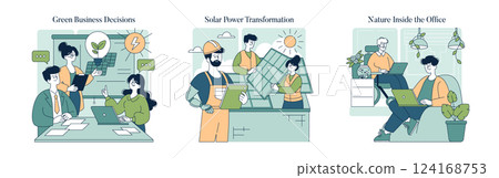 Sustainable business practices are represented through three scenes: collaborative decision-making, solar energy adoption, and integrating nature in workplaces. This illustration conveys the shift Sustainable business practices are represented through three scenes: collaborative decision-making, solar energy adoption, and integrating nature in workplaces. This illustration conveys the shift 124168753