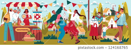 Slow travel illustration. A lively outdoor market scene featuring interactions among travelers and locals, showcasing regional crafts, dancing, and community bonds. Experience culture and joy. Vector 124168765